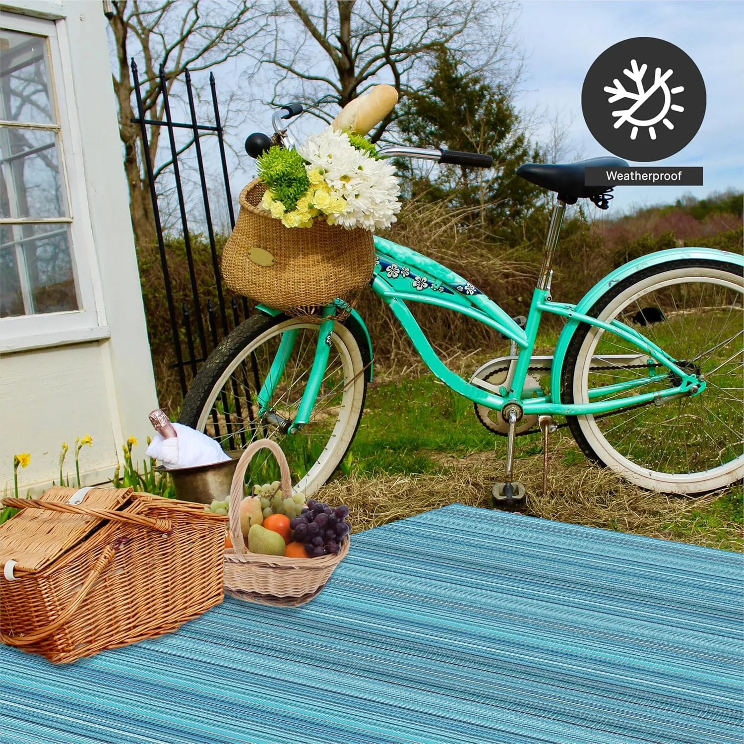 FH Home Outdoor Rug - Waterproof, Fade Resistant, Crease-Free - Premium Recycled Plastic - Striped - Patio, Deck, Porch, Balcony, Laundry Room - Havana - Turquoise Crease Free - 4 x 6 ft