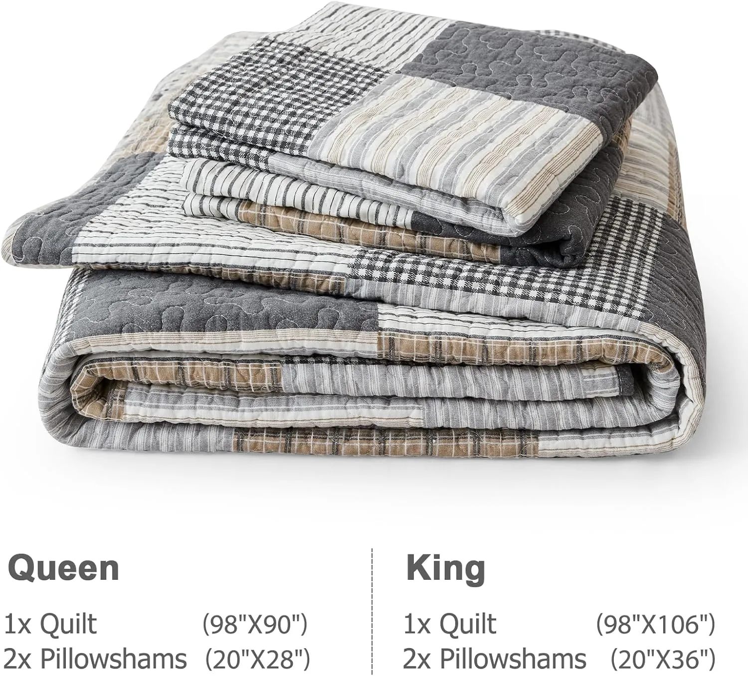 Finlonte King Quilt Bedding Set - 100% Cotton King Size Comforter, Plaid Quilted Bedspread Farmhouse Country Bed Spread, Lightweight Reversible King Quilt Sets All-Season, Gray/Brown/Black/White, 3Pcs