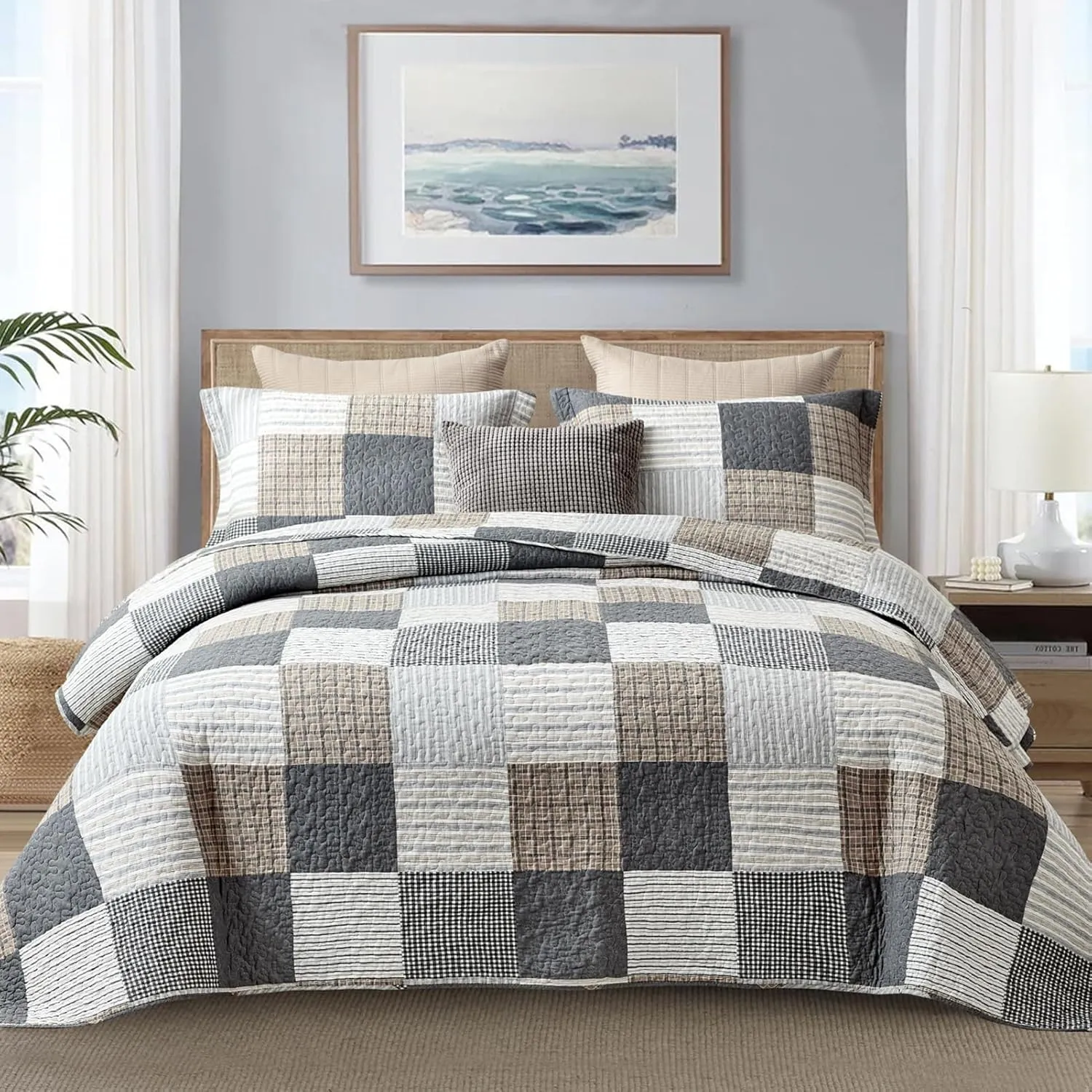 Finlonte King Quilt Bedding Set - 100% Cotton King Size Comforter, Plaid Quilted Bedspread Farmhouse Country Bed Spread, Lightweight Reversible King Quilt Sets All-Season, Gray/Brown/Black/White, 3Pcs