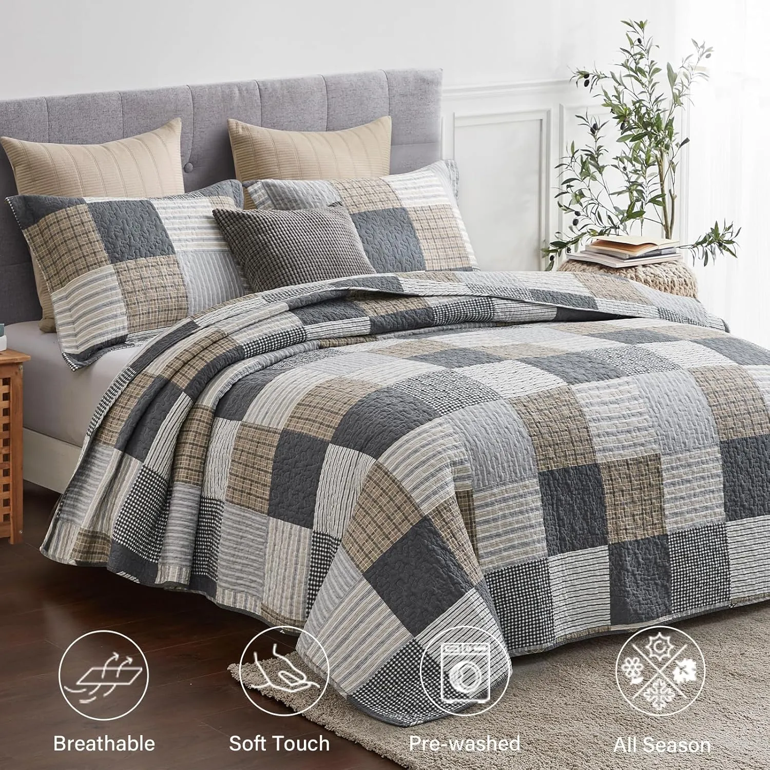 Finlonte King Quilt Bedding Set - 100% Cotton King Size Comforter, Plaid Quilted Bedspread Farmhouse Country Bed Spread, Lightweight Reversible King Quilt Sets All-Season, Gray/Brown/Black/White, 3Pcs