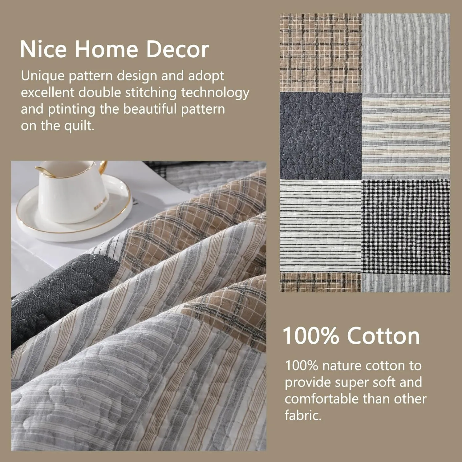 Finlonte King Quilt Bedding Set - 100% Cotton King Size Comforter, Plaid Quilted Bedspread Farmhouse Country Bed Spread, Lightweight Reversible King Quilt Sets All-Season, Gray/Brown/Black/White, 3Pcs