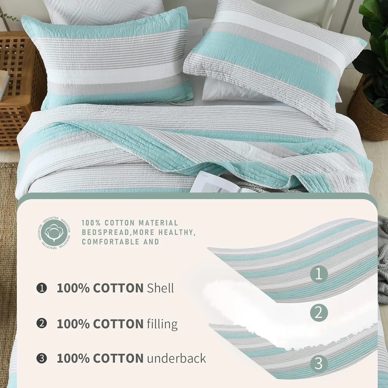 Finlonte Queen Quilt Striped Bedspread, 100% Cotton Queen Size Quilt, LightBlue Gray Queen Quilt Sets, Lightweight Soft Queen Bed Quilt for All Season