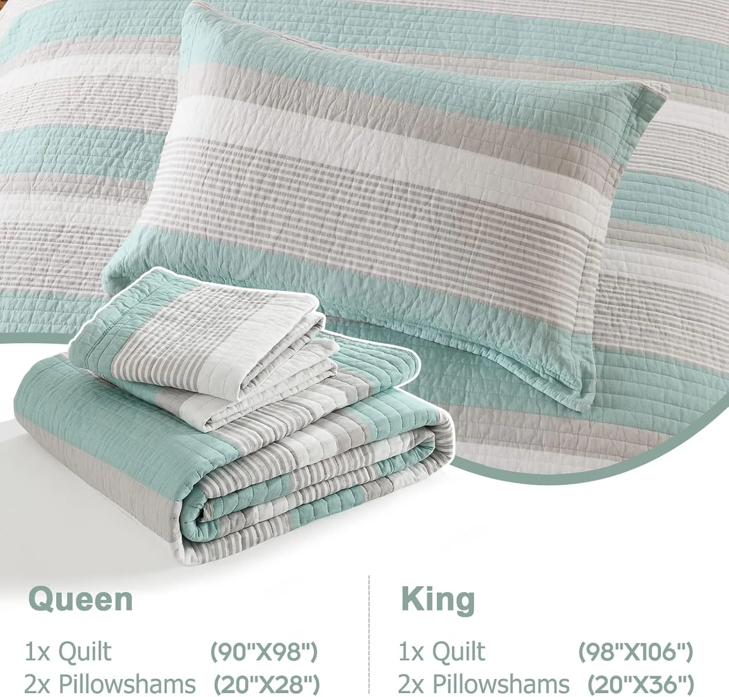 Finlonte Queen Quilt Striped Bedspread, 100% Cotton Queen Size Quilt, LightBlue Gray Queen Quilt Sets, Lightweight Soft Queen Bed Quilt for All Season