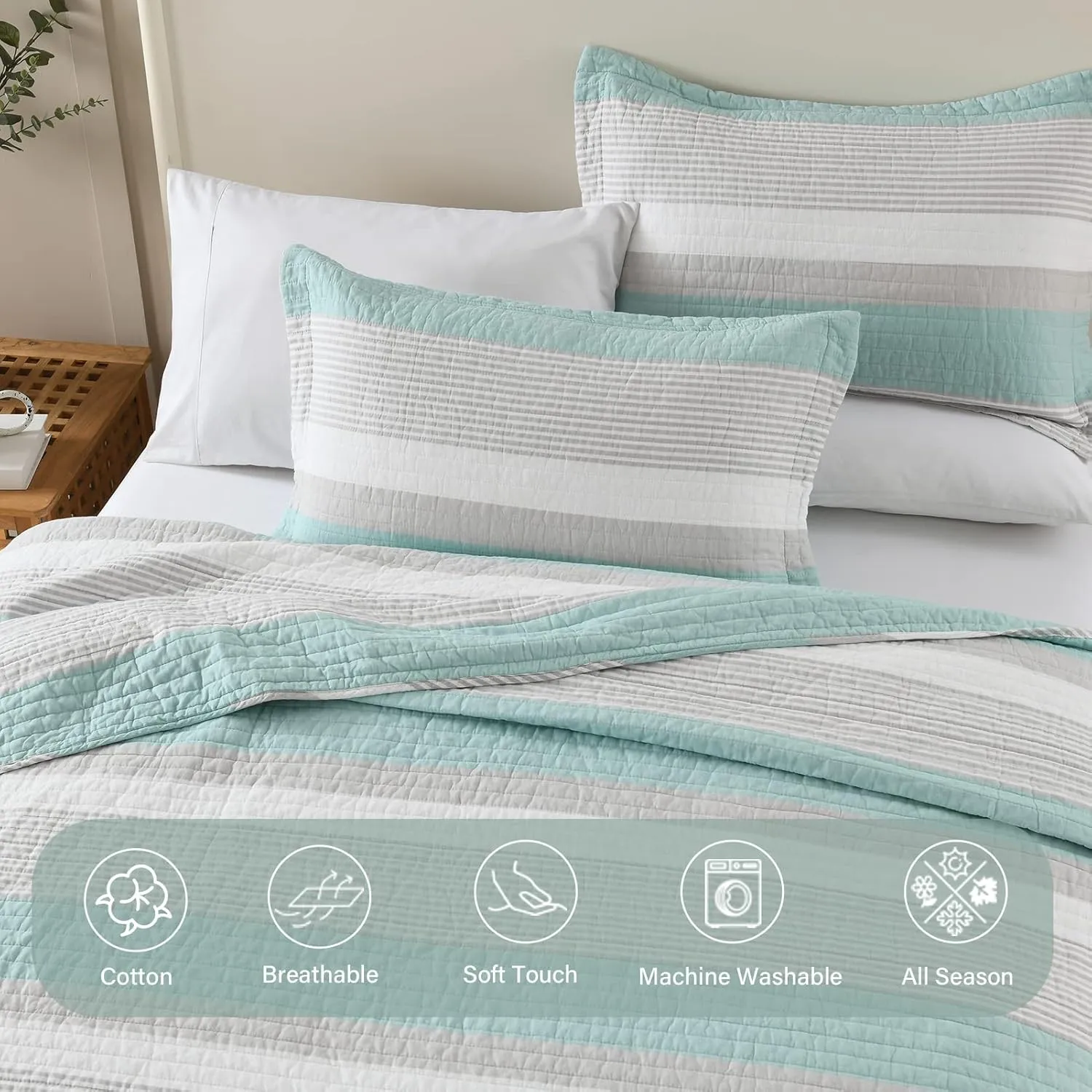 Finlonte Queen Quilt Striped Bedspread, 100% Cotton Queen Size Quilt, LightBlue Gray Queen Quilt Sets, Lightweight Soft Queen Bed Quilt for All Season