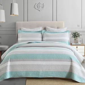 Finlonte Queen Quilt Striped Bedspread, 100% Cotton Queen Size Quilt, LightBlue Gray Queen Quilt Sets, Lightweight Soft Queen Bed Quilt for All Season