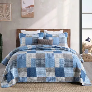 Finlonte Quilt King Size - 100% Cotton King Size Comforter Set Blue Navy Grey Plaid Farmhouse Quilt Bedding Set, Reversible Lightweight Soft Bedspread, Quilted Coverlet All-Season, 3-Piece