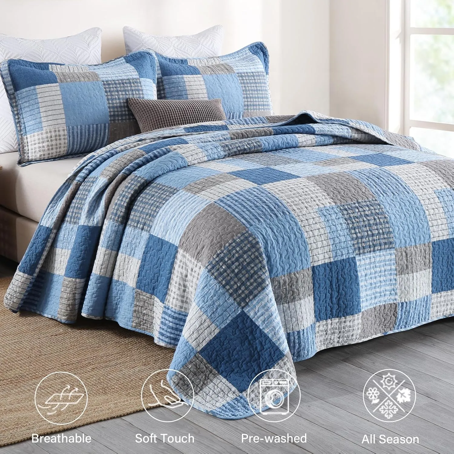 Finlonte Quilt King Size - 100% Cotton King Size Comforter Set Blue Navy Grey Plaid Farmhouse Quilt Bedding Set, Reversible Lightweight Soft Bedspread, Quilted Coverlet All-Season, 3-Piece