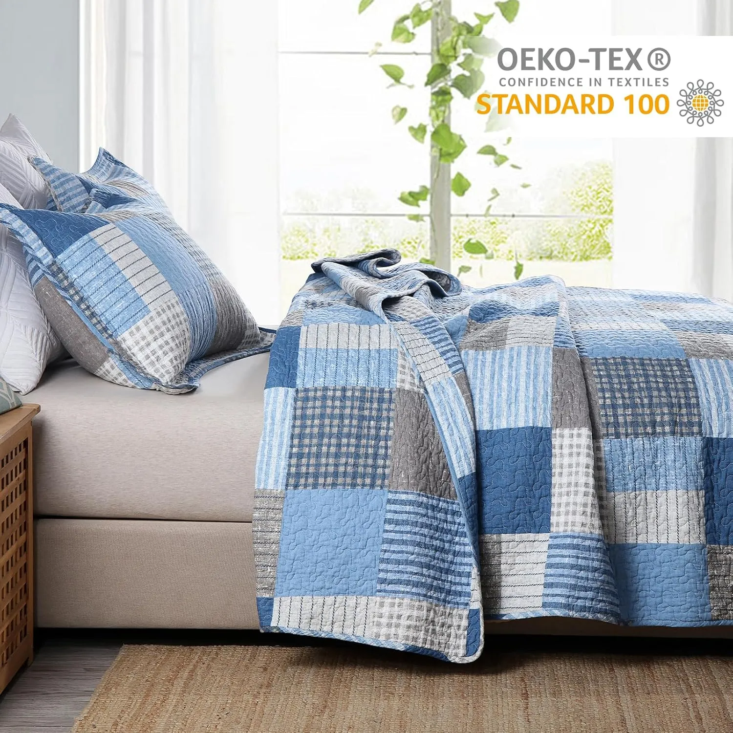 Finlonte Quilt King Size - 100% Cotton King Size Comforter Set Blue Navy Grey Plaid Farmhouse Quilt Bedding Set, Reversible Lightweight Soft Bedspread, Quilted Coverlet All-Season, 3-Piece