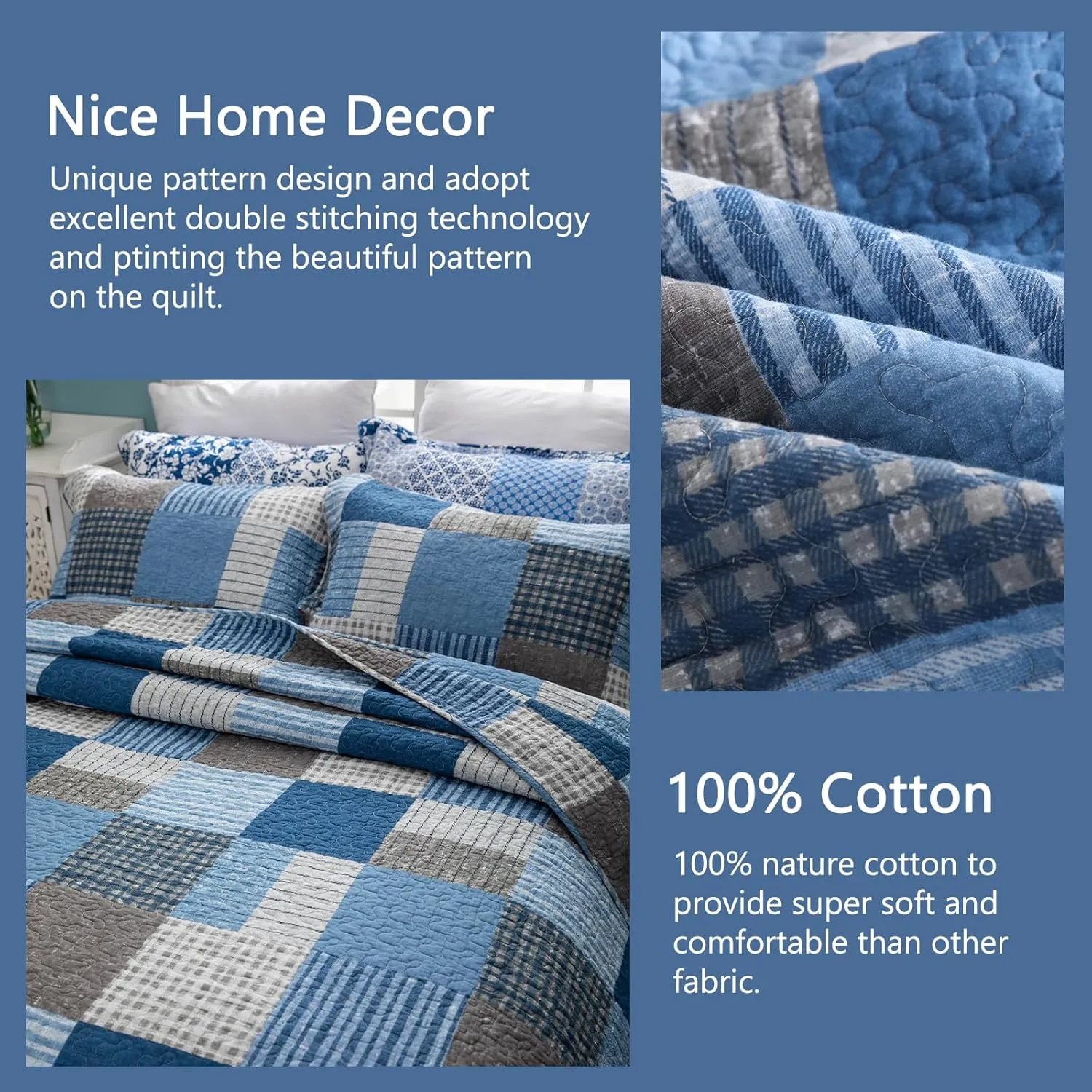 Finlonte Quilt King Size - 100% Cotton King Size Comforter Set Blue Navy Grey Plaid Farmhouse Quilt Bedding Set, Reversible Lightweight Soft Bedspread, Quilted Coverlet All-Season, 3-Piece