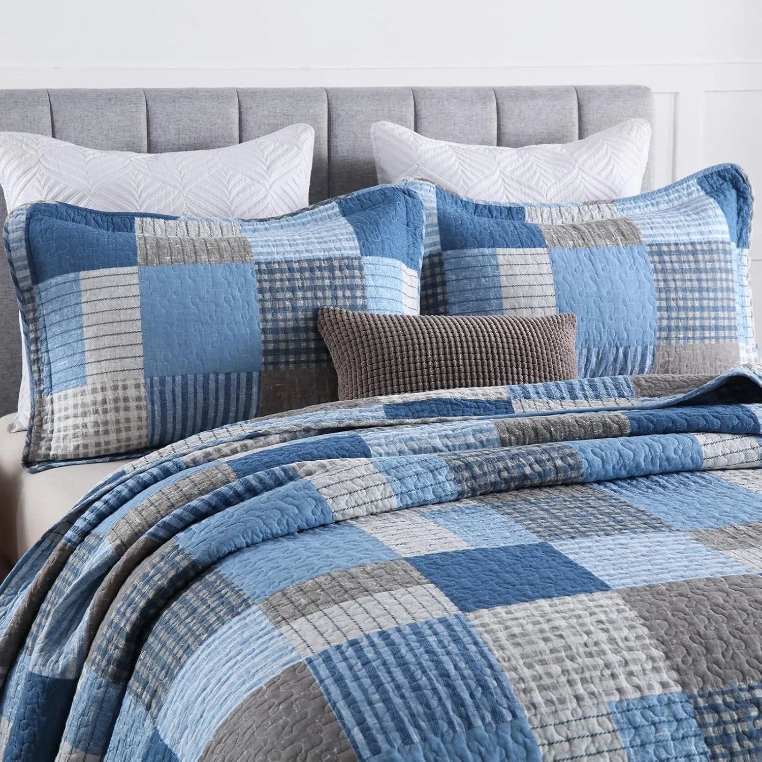 Finlonte Quilt King Size - 100% Cotton King Size Comforter Set Blue Navy Grey Plaid Farmhouse Quilt Bedding Set, Reversible Lightweight Soft Bedspread, Quilted Coverlet All-Season, 3-Piece