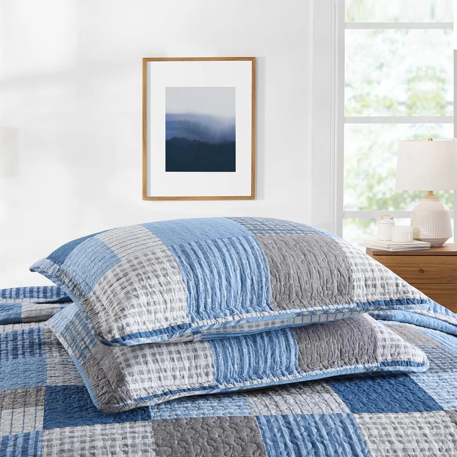 Finlonte Quilt King Size - 100% Cotton King Size Comforter Set Blue Navy Grey Plaid Farmhouse Quilt Bedding Set, Reversible Lightweight Soft Bedspread, Quilted Coverlet All-Season, 3-Piece