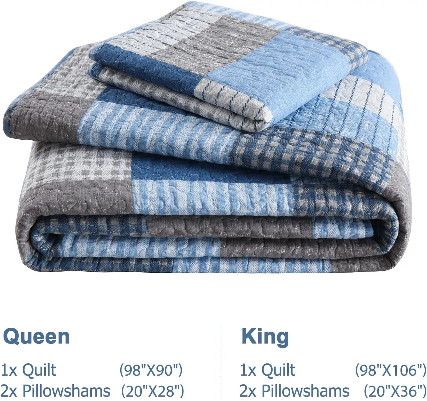 Finlonte Quilt King Size - 100% Cotton King Size Comforter Set Blue Navy Grey Plaid Farmhouse Quilt Bedding Set, Reversible Lightweight Soft Bedspread, Quilted Coverlet All-Season, 3-Piece