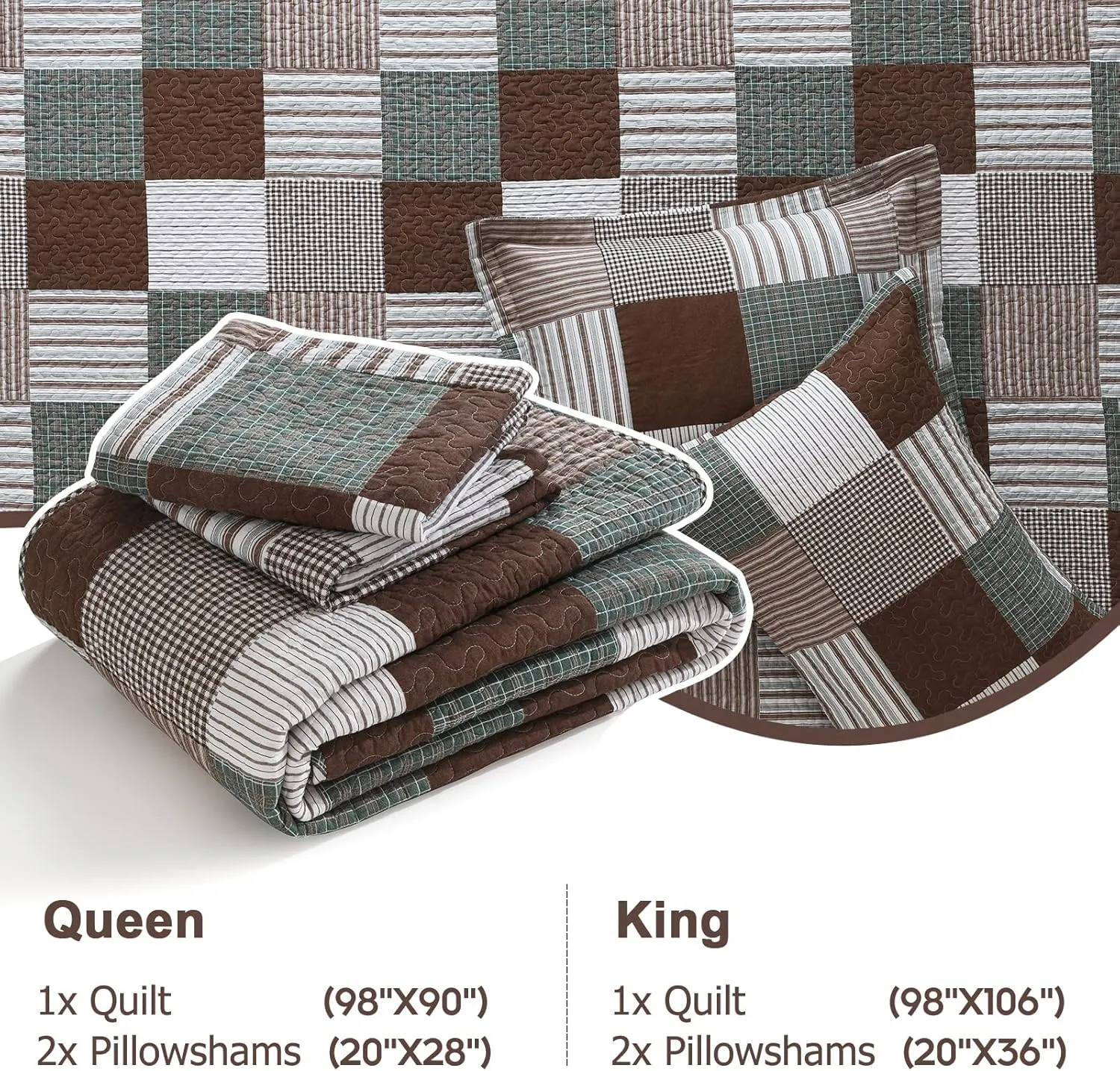 Finlonte Quilt King Size - 100% Cotton King Size Comforter Set Brown Green White Plaid Farmhouse Quilt Bedding Set, Reversible Lightweight Soft Bedspread, Quilted Coverlet All-Season, 3-Piece