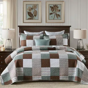 Finlonte Quilt King Size - 100% Cotton King Size Comforter Set Brown Green White Plaid Farmhouse Quilt Bedding Set, Reversible Lightweight Soft Bedspread, Quilted Coverlet All-Season, 3-Piece