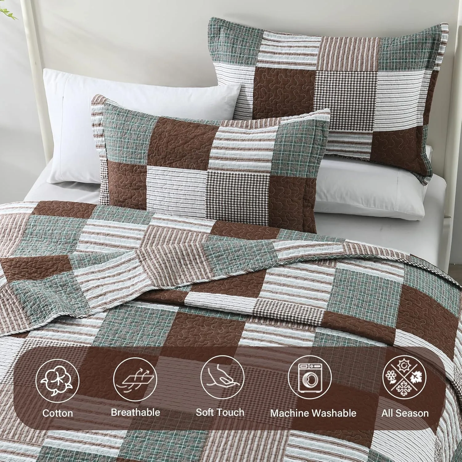 Finlonte Quilt King Size - 100% Cotton King Size Comforter Set Brown Green White Plaid Farmhouse Quilt Bedding Set, Reversible Lightweight Soft Bedspread, Quilted Coverlet All-Season, 3-Piece
