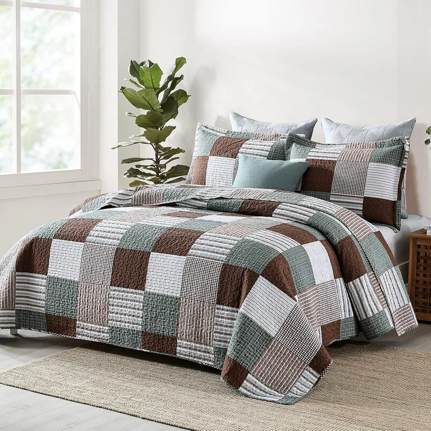 Finlonte Quilt King Size - 100% Cotton King Size Comforter Set Brown Green White Plaid Farmhouse Quilt Bedding Set, Reversible Lightweight Soft Bedspread, Quilted Coverlet All-Season, 3-Piece