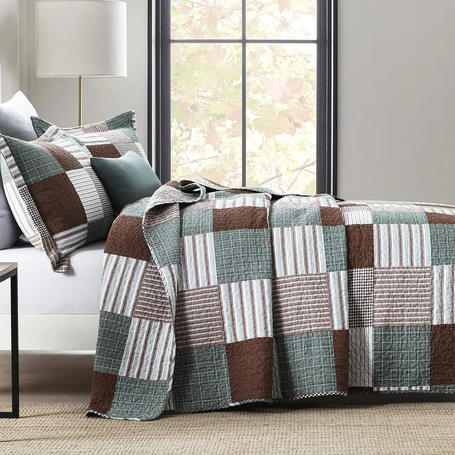 Finlonte Quilt King Size - 100% Cotton King Size Comforter Set Brown Green White Plaid Farmhouse Quilt Bedding Set, Reversible Lightweight Soft Bedspread, Quilted Coverlet All-Season, 3-Piece