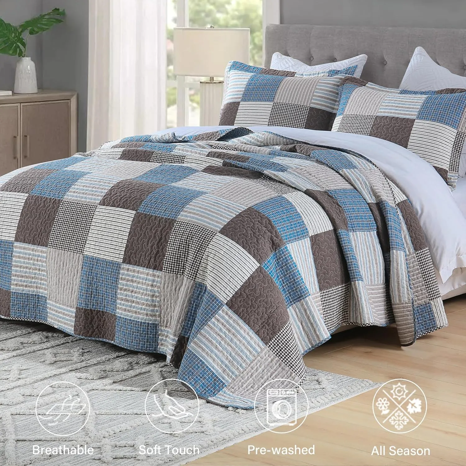 Finlonte Quilt King Size - 100% Cotton Plaid King Size Comforter Set Farmhouse Modern Quilt Bedding Set, Reversible Lightweight Soft Bedspread, Blue Brown Quilted Coverlet All-Season, 3-Piece