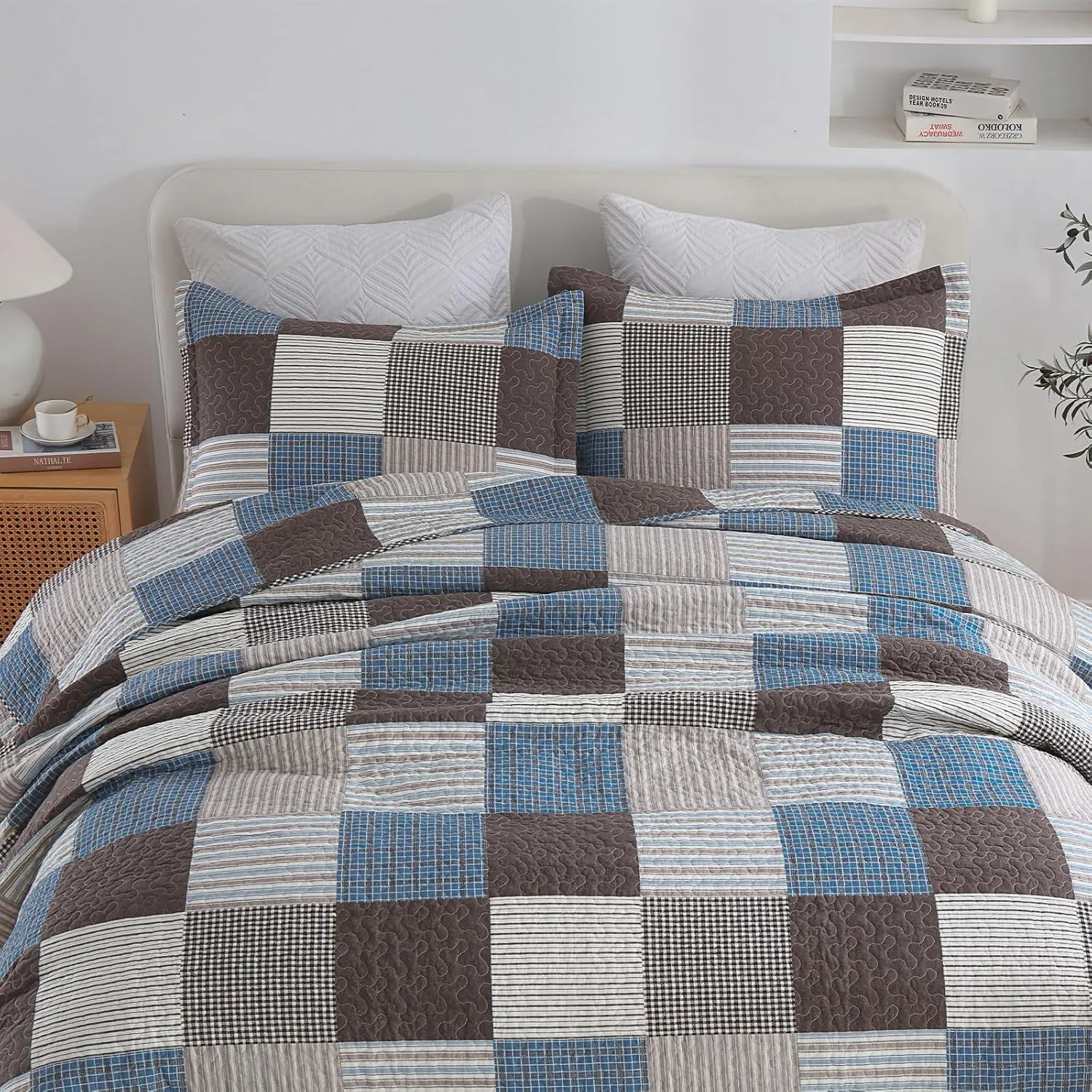 Finlonte Quilt King Size - 100% Cotton Plaid King Size Comforter Set Farmhouse Modern Quilt Bedding Set, Reversible Lightweight Soft Bedspread, Blue Brown Quilted Coverlet All-Season, 3-Piece