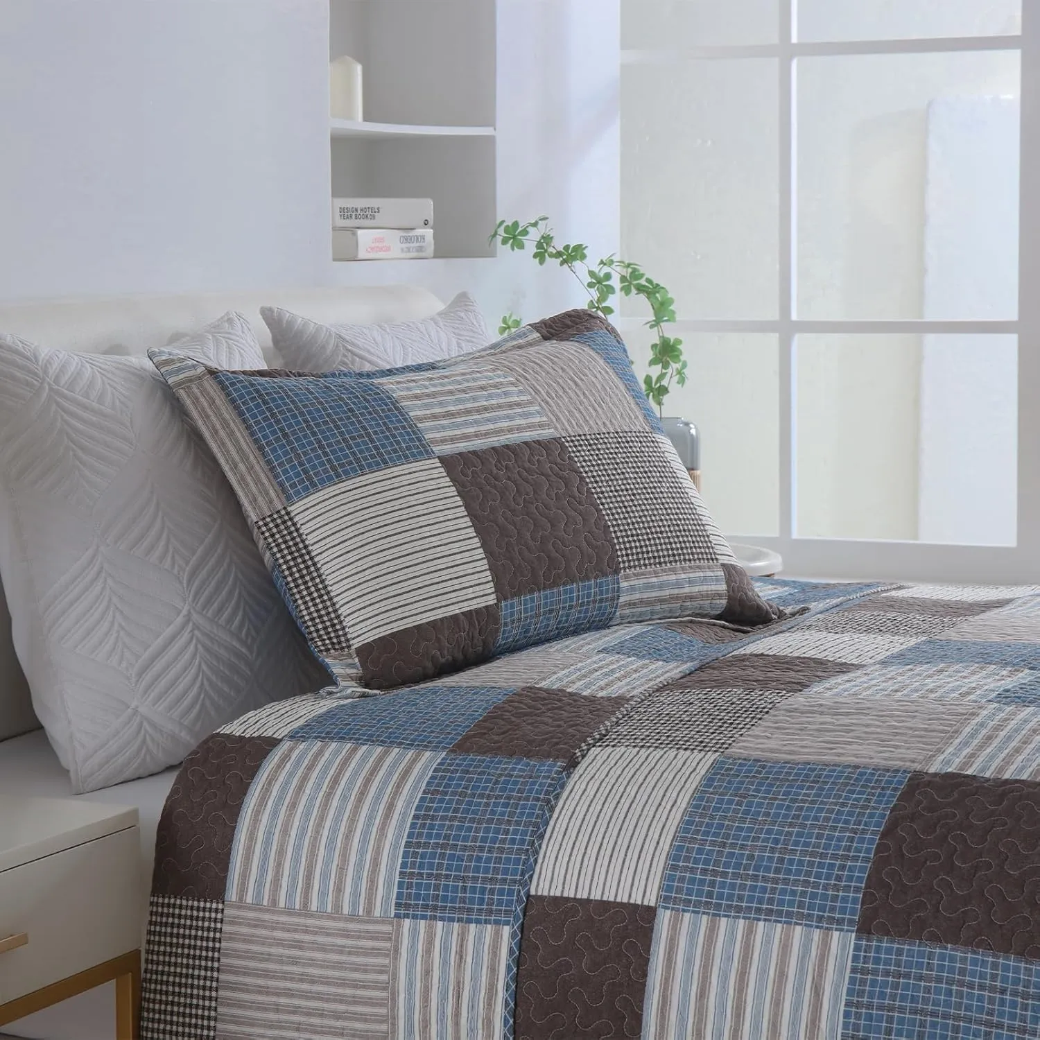 Finlonte Quilt King Size - 100% Cotton Plaid King Size Comforter Set Farmhouse Modern Quilt Bedding Set, Reversible Lightweight Soft Bedspread, Blue Brown Quilted Coverlet All-Season, 3-Piece