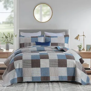 Finlonte Quilt King Size - 100% Cotton Plaid King Size Comforter Set Farmhouse Modern Quilt Bedding Set, Reversible Lightweight Soft Bedspread, Blue Brown Quilted Coverlet All-Season, 3-Piece