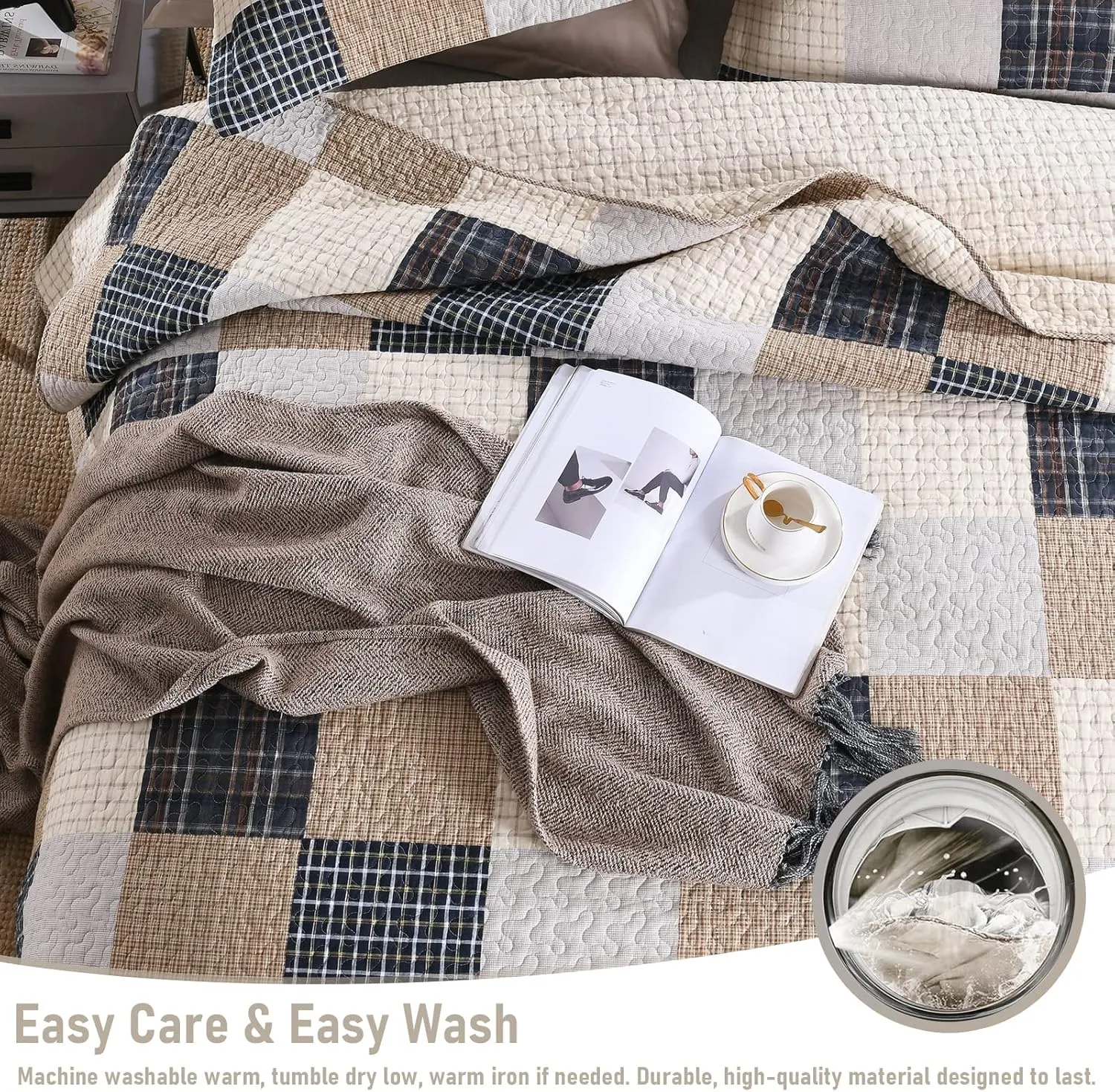 Finlonte Quilt King Size 100% Cotton Quilt, Brown Plaid Bedspread for All Seasons, Lightweight and Soft, 3-Pieces