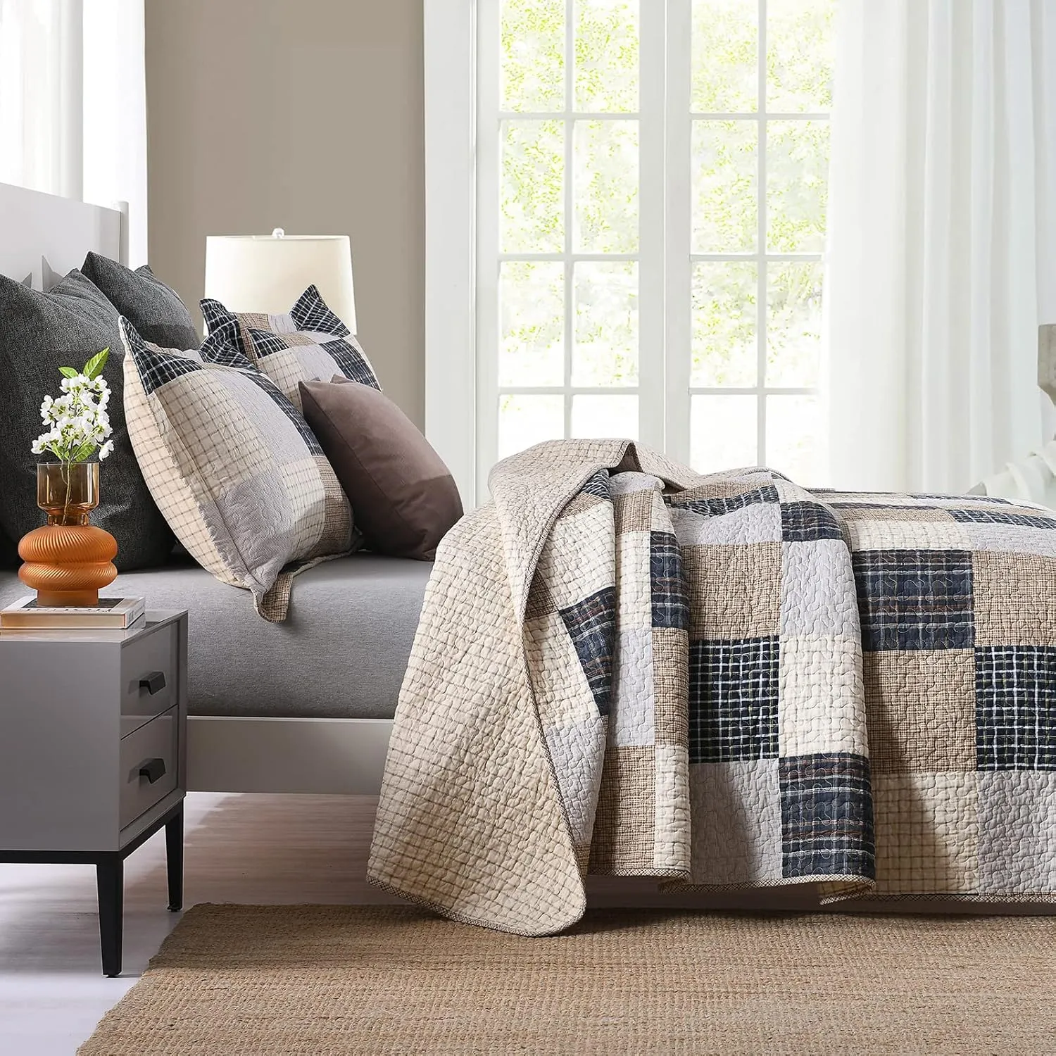 Finlonte Quilt King Size 100% Cotton Quilt, Brown Plaid Bedspread for All Seasons, Lightweight and Soft, 3-Pieces