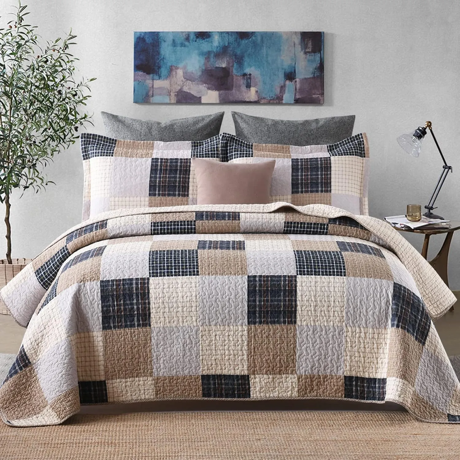 Finlonte Quilt King Size 100% Cotton Quilt, Brown Plaid Bedspread for All Seasons, Lightweight and Soft, 3-Pieces