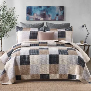 Finlonte Quilt King Size 100% Cotton Quilt, Brown Plaid Bedspread for All Seasons, Lightweight and Soft, 3-Pieces