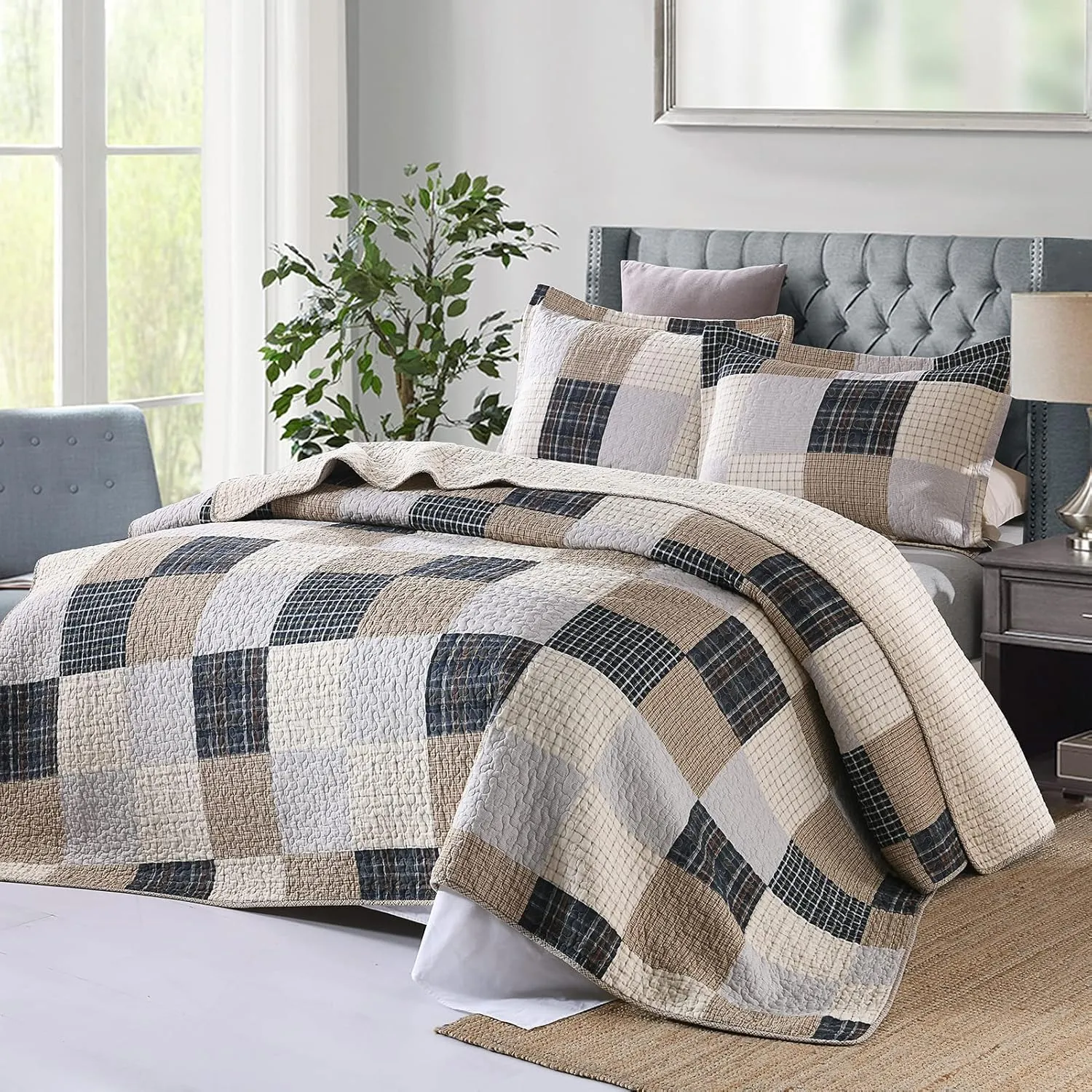 Finlonte Quilt King Size 100% Cotton Quilt, Brown Plaid Bedspread for All Seasons, Lightweight and Soft, 3-Pieces