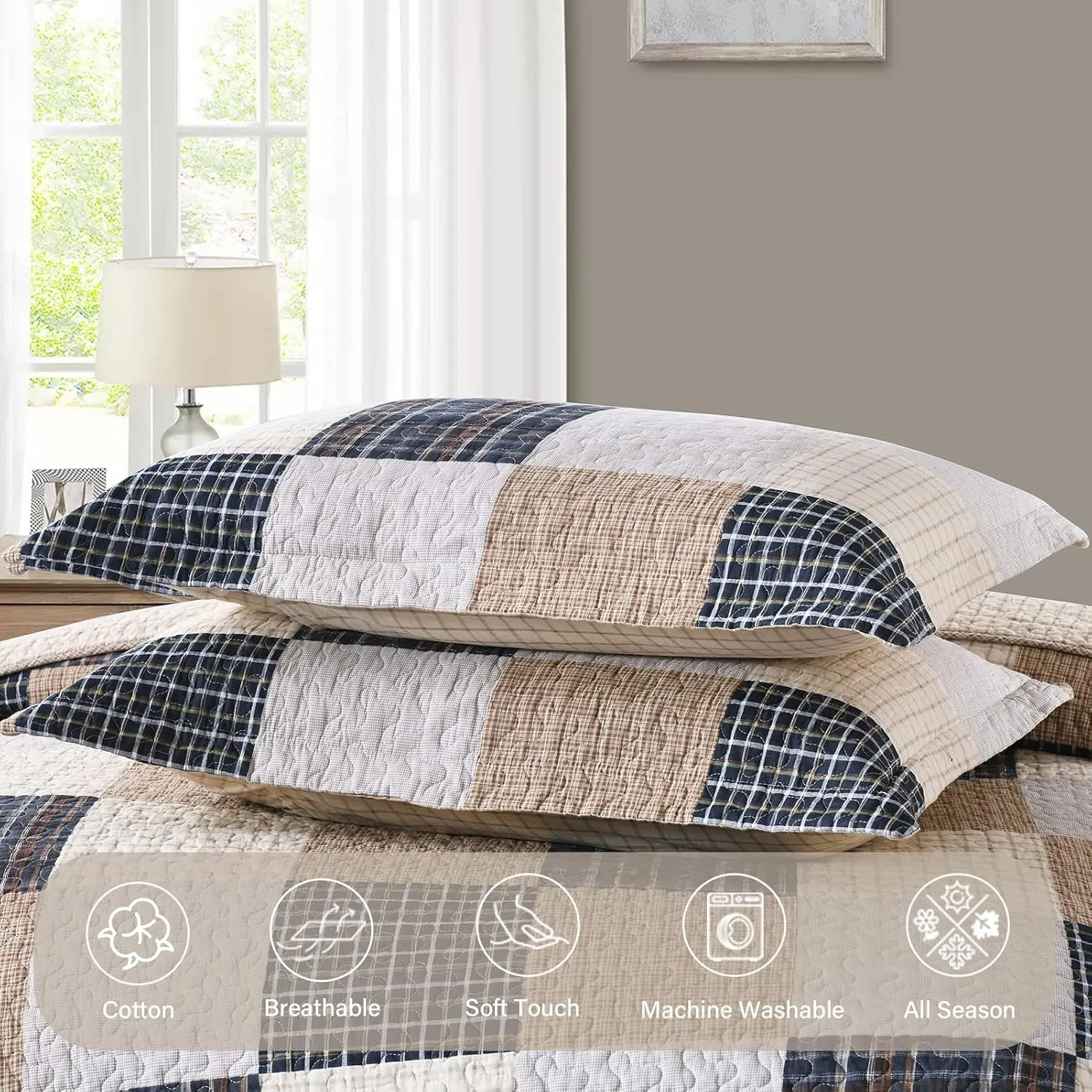Finlonte Quilt King Size 100% Cotton Quilt, Brown Plaid Bedspread for All Seasons, Lightweight and Soft, 3-Pieces