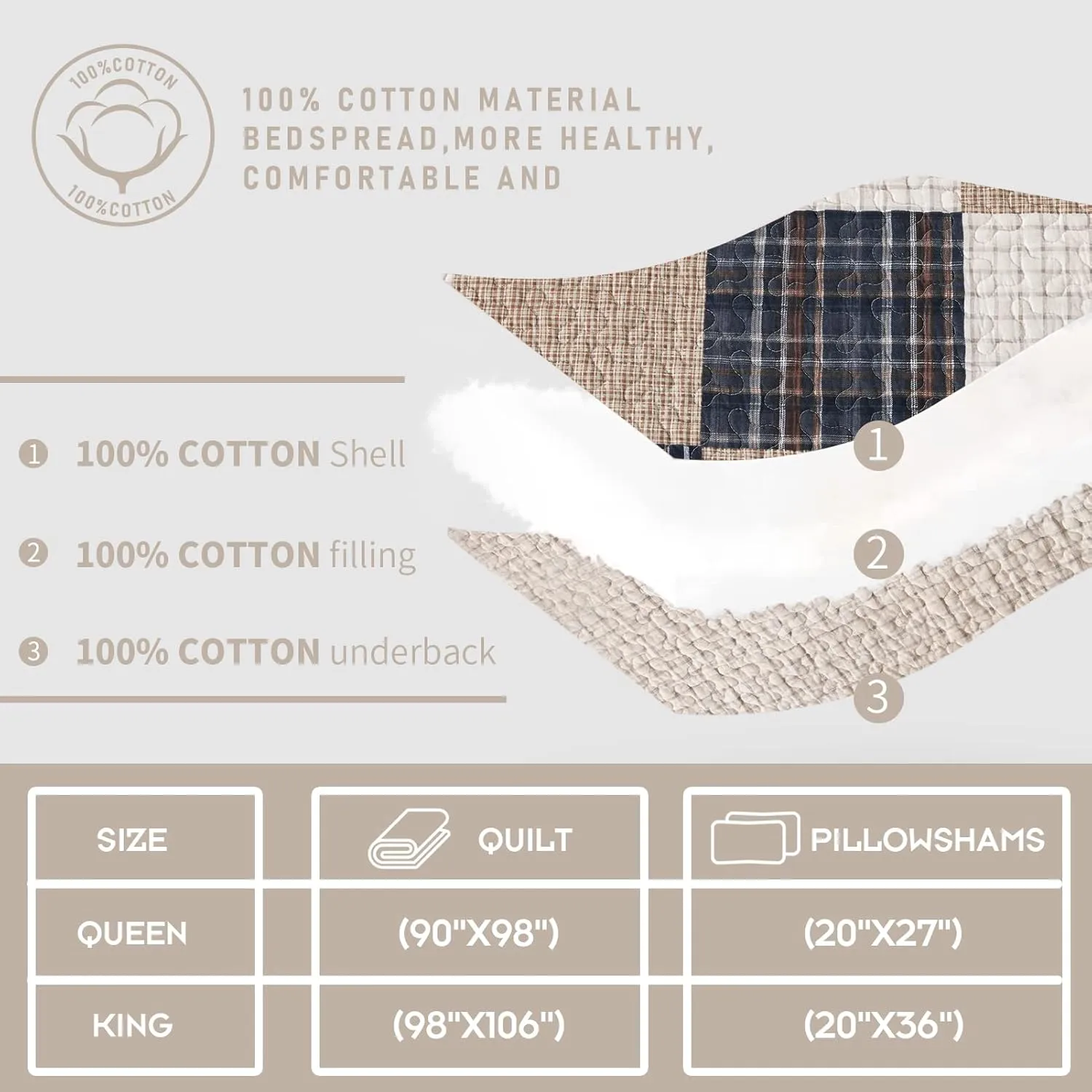 Finlonte Quilt King Size 100% Cotton Quilt, Brown Plaid Bedspread for All Seasons, Lightweight and Soft, 3-Pieces