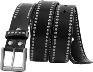 FIORETTO Mens Studded Genuine Leather Belts For Jeans Punk y2k Goth Vintage Retro Circle Rivets Belt With Buckle Black/Brown
