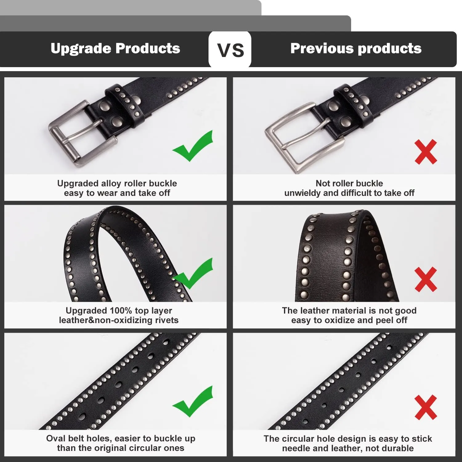 FIORETTO Mens Studded Genuine Leather Belts For Jeans Punk y2k Goth Vintage Retro Circle Rivets Belt With Buckle Black/Brown
