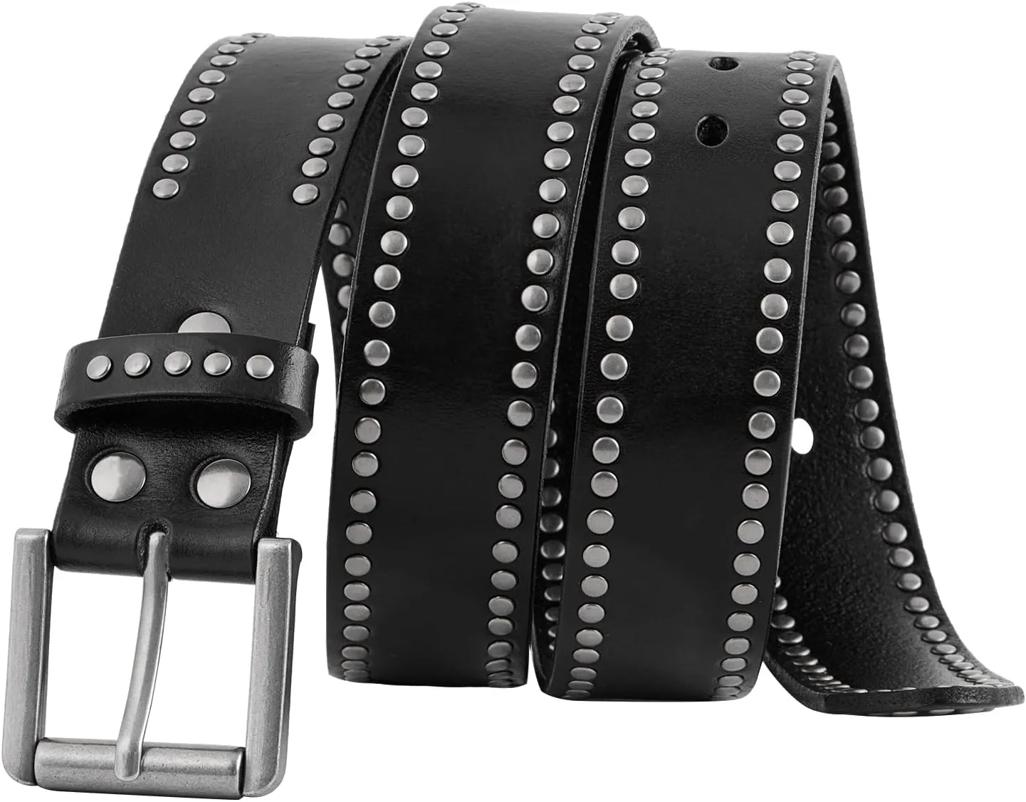 FIORETTO Mens Studded Genuine Leather Belts For Jeans Punk y2k Goth Vintage Retro Circle Rivets Belt With Buckle Black/Brown