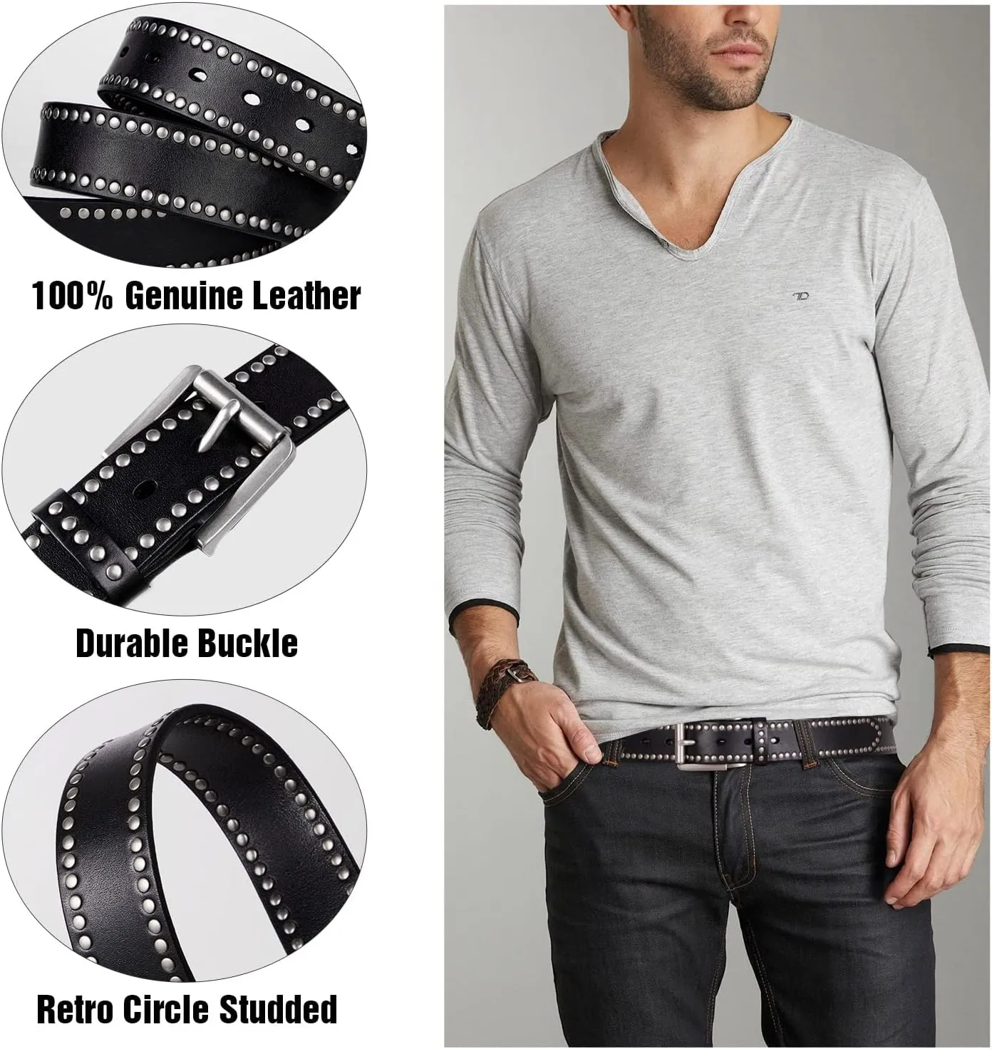 FIORETTO Mens Studded Genuine Leather Belts For Jeans Punk y2k Goth Vintage Retro Circle Rivets Belt With Buckle Black/Brown