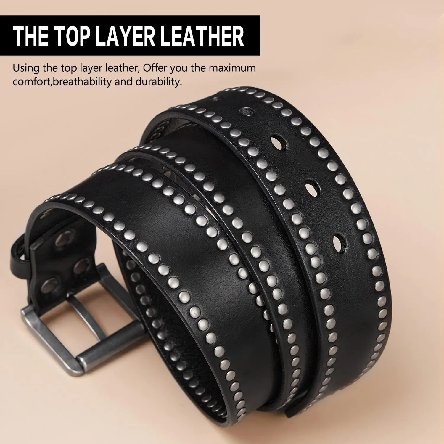 FIORETTO Mens Studded Genuine Leather Belts For Jeans Punk y2k Goth Vintage Retro Circle Rivets Belt With Buckle Black/Brown