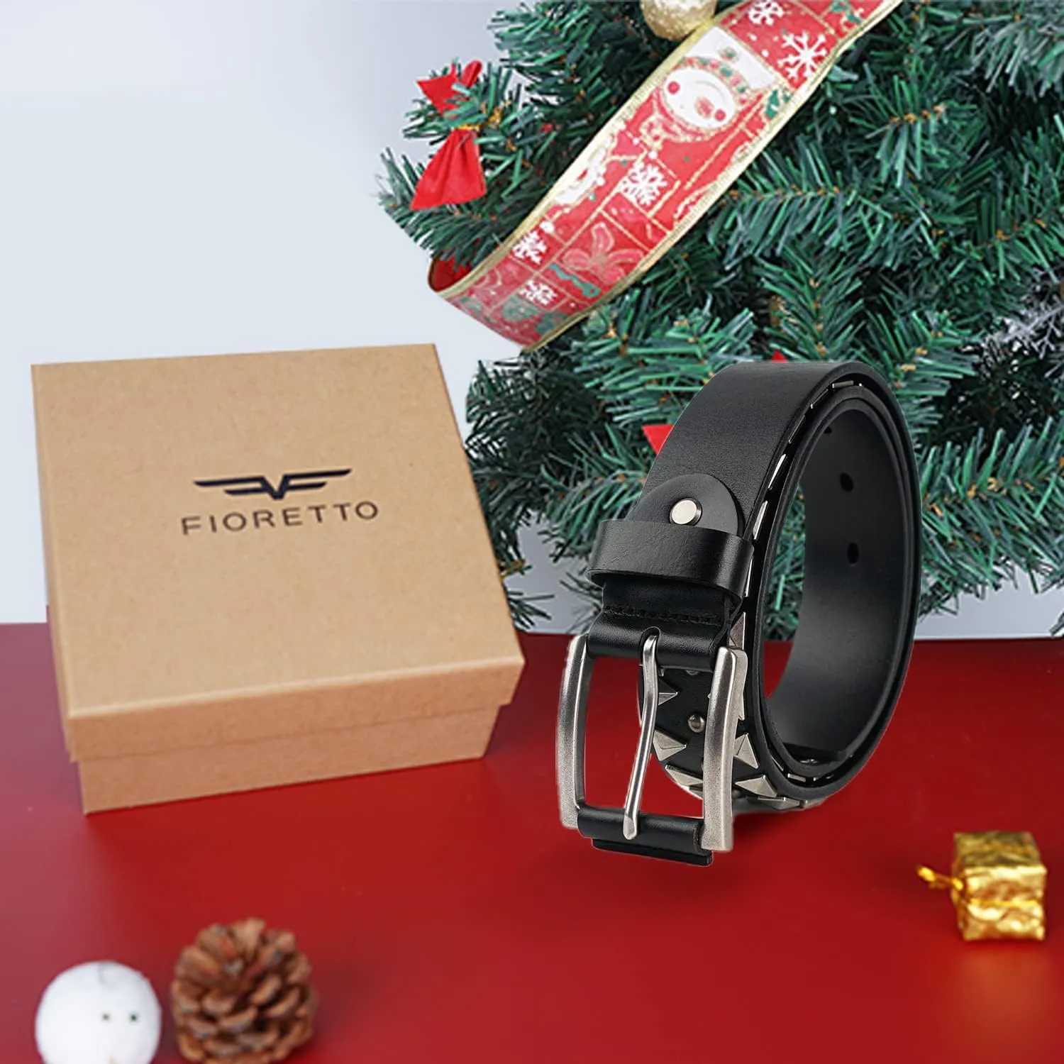 FIORETTO Stylish Mens Studded Casual Italian Cowhide Leather Belts For Jeans Punk Rock Rivets Belt With Buckle For Men Black