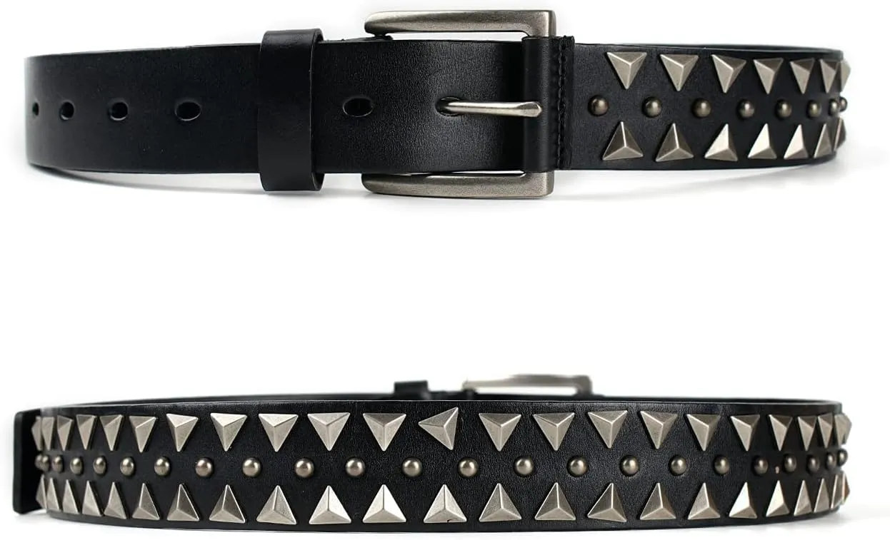 FIORETTO Stylish Mens Studded Casual Italian Cowhide Leather Belts For Jeans Punk Rock Rivets Belt With Buckle For Men Black