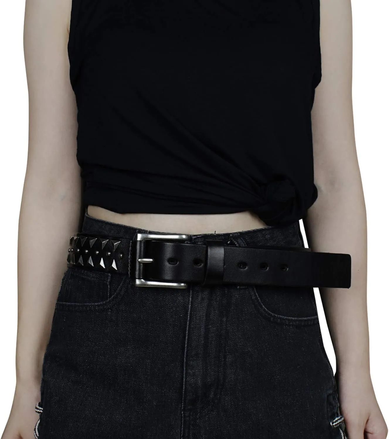 FIORETTO Stylish Mens Studded Casual Italian Cowhide Leather Belts For Jeans Punk Rock Rivets Belt With Buckle For Men Black