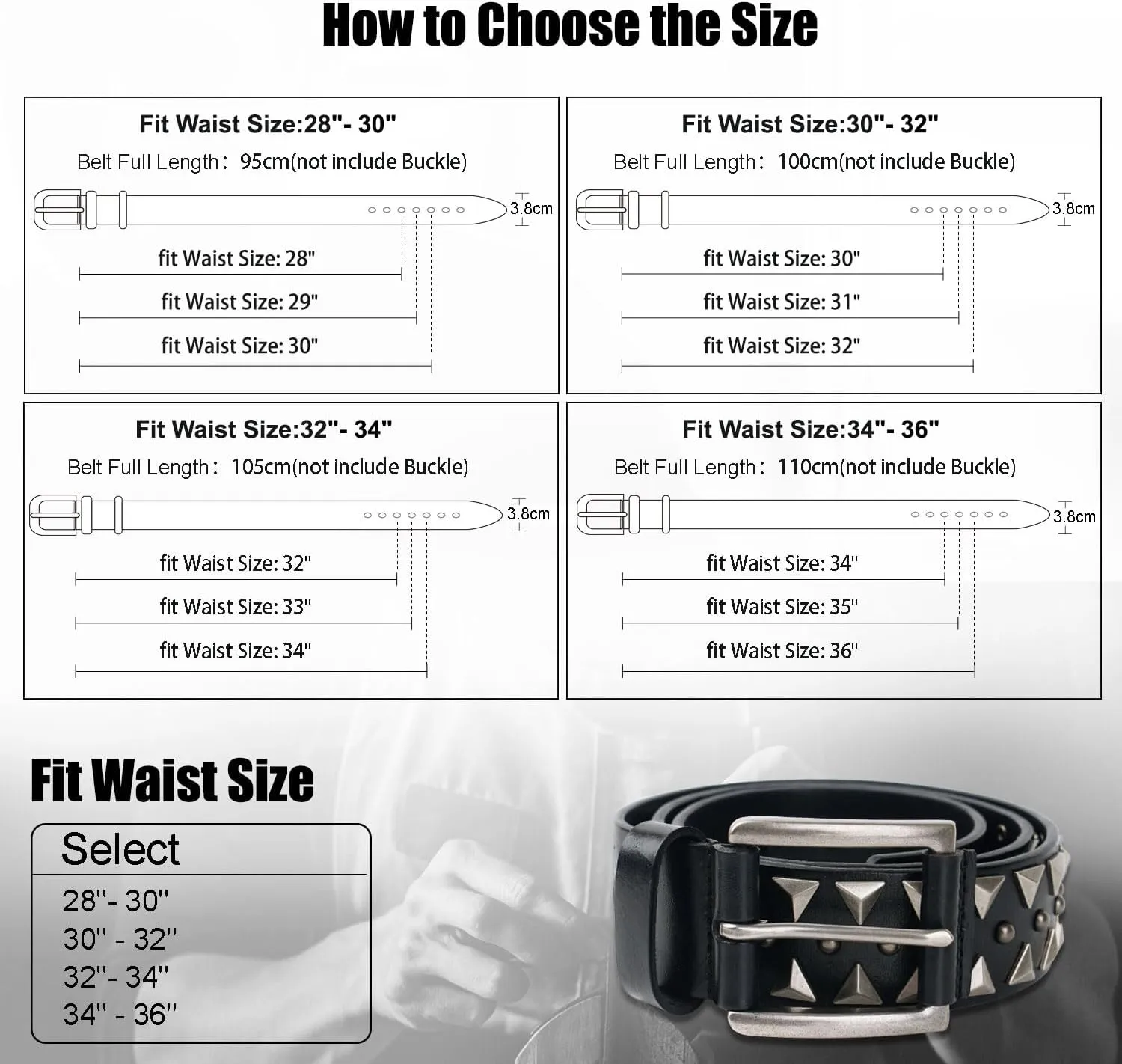 FIORETTO Stylish Mens Studded Casual Italian Cowhide Leather Belts For Jeans Punk Rock Rivets Belt With Buckle For Men Black