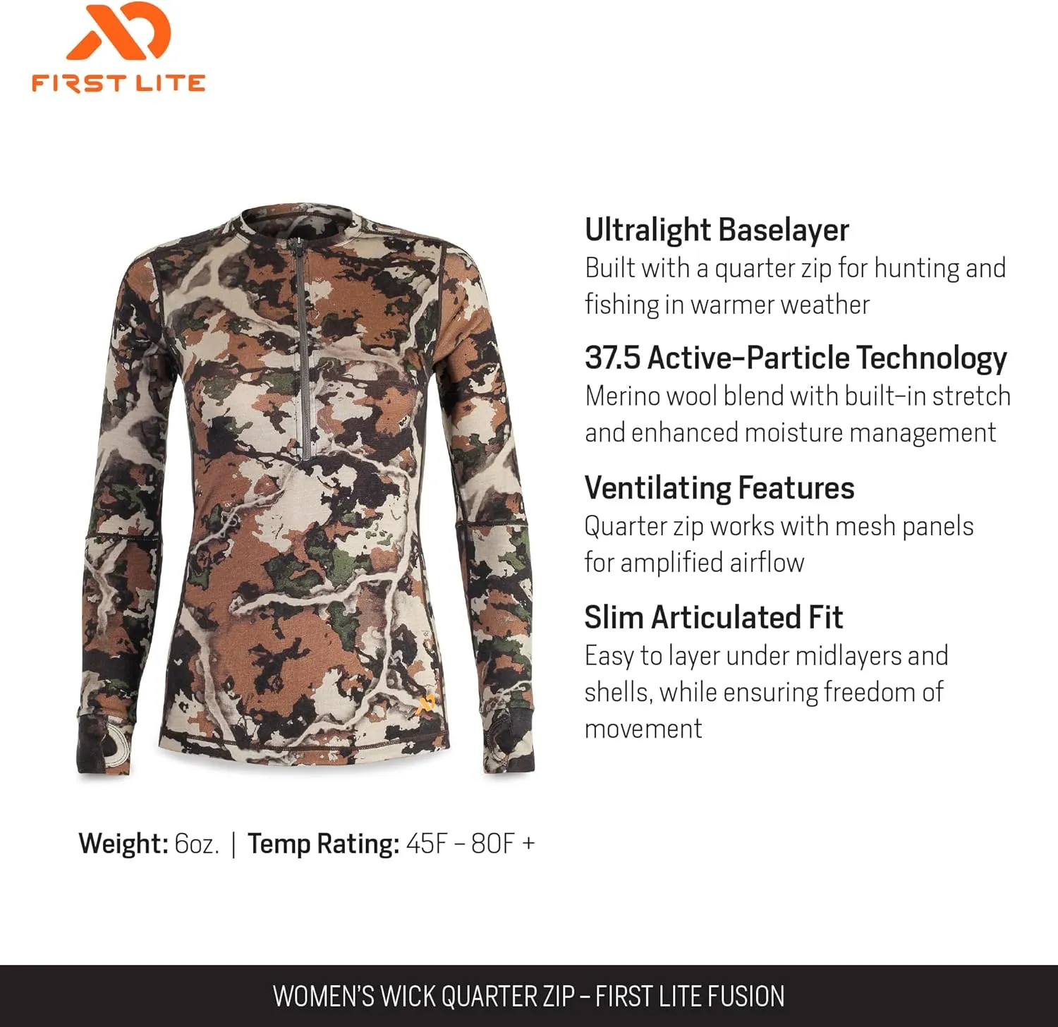 First Lite Women's Wick Quarter Zip - Ultralight Merino Wool Camo Hunting Baselayer