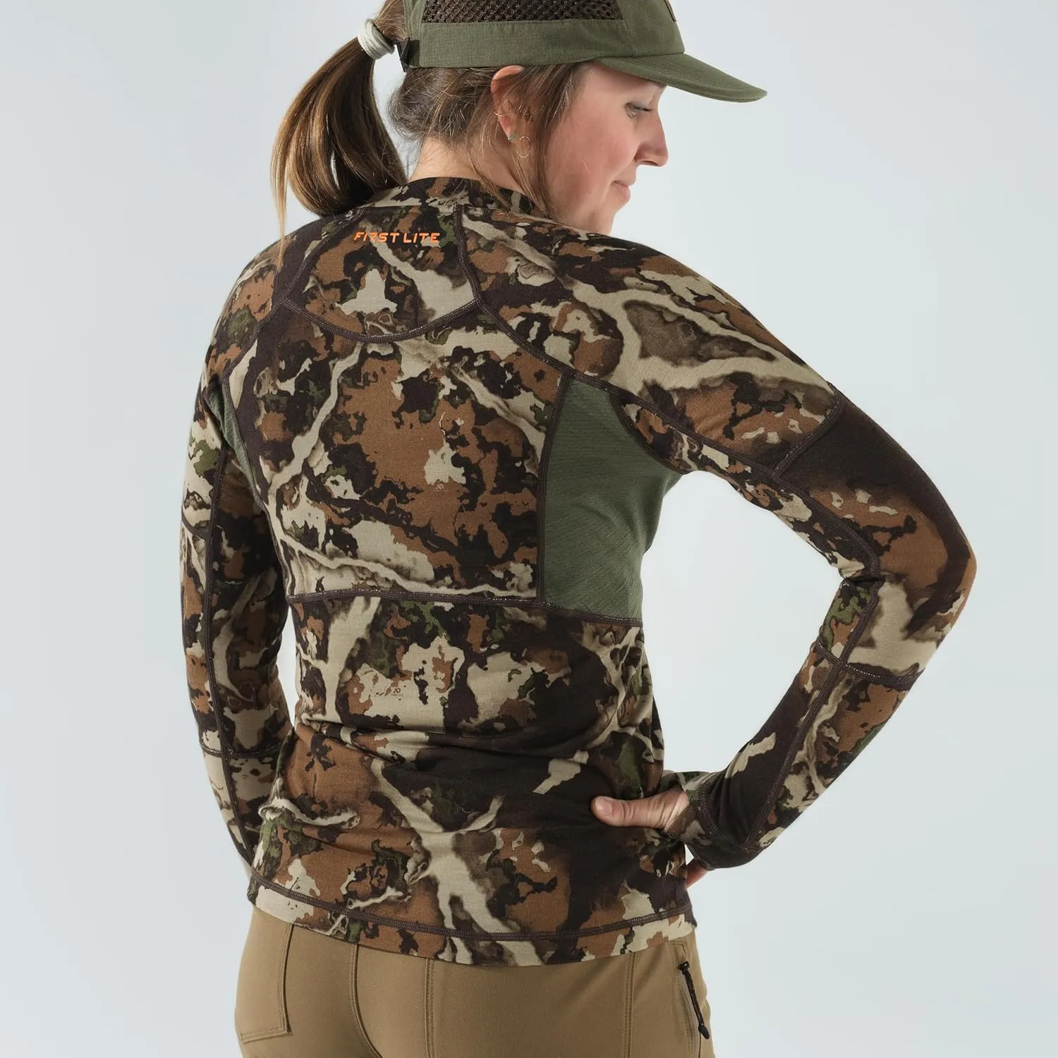 First Lite Women's Wick Quarter Zip - Ultralight Merino Wool Camo Hunting Baselayer