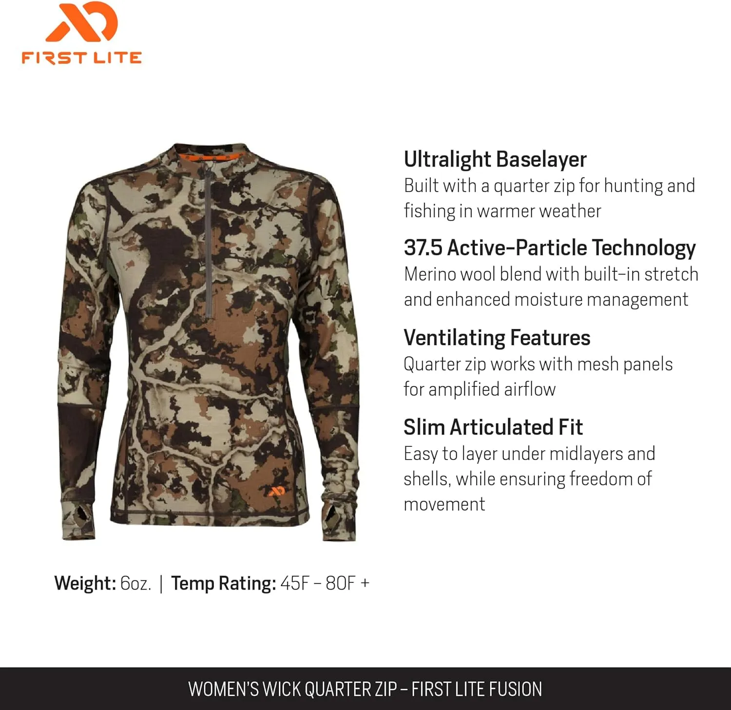 First Lite Women's Wick Quarter Zip - Ultralight Merino Wool Camo Hunting Baselayer