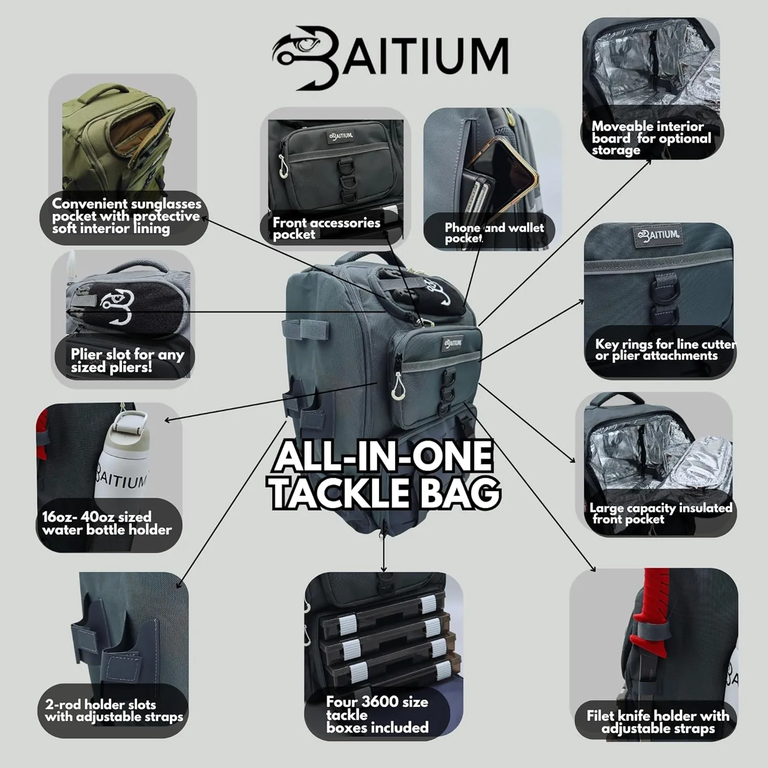 Fishing Backpack, Tackle Bag With Rod Holders, 40L Capacity With Cooler, Rain Cover, Insulated Pocket, 4 Tackle Trays Included- (Green)