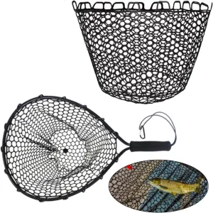 Fishing Net, 19x21in Replacement Fishing Net Deepened Soft Flexible Black Rubber Fishing Landing Mesh for Angler Freshwater Saltwater