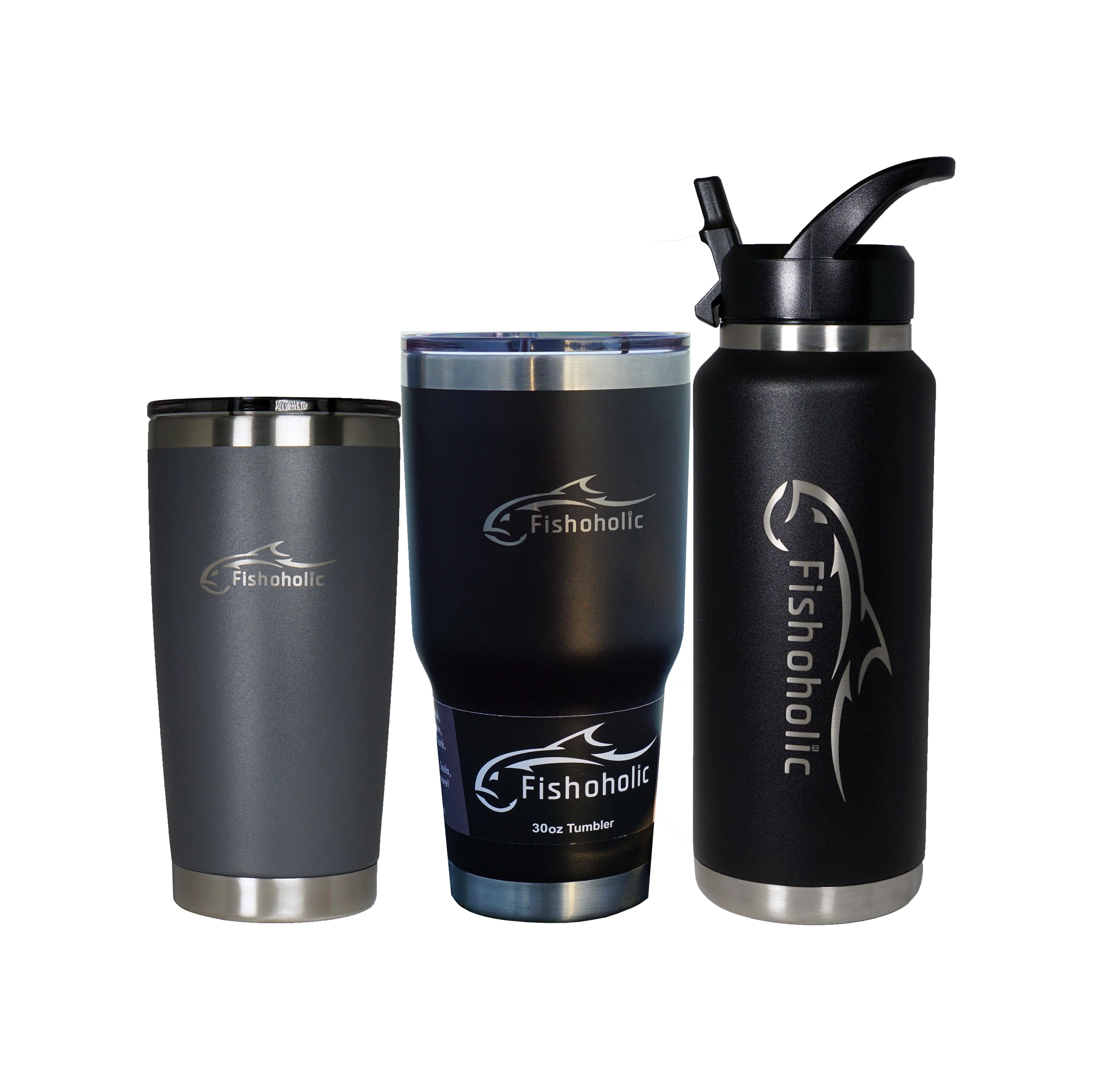 Fishoholic - 3 pack Bundle 20oz & 30oz & 36oz - 2 Tumblers w' Magnetic Slide Lid & KEG/Bottle - Double Wall Stainless Steel Vacuum Insulated