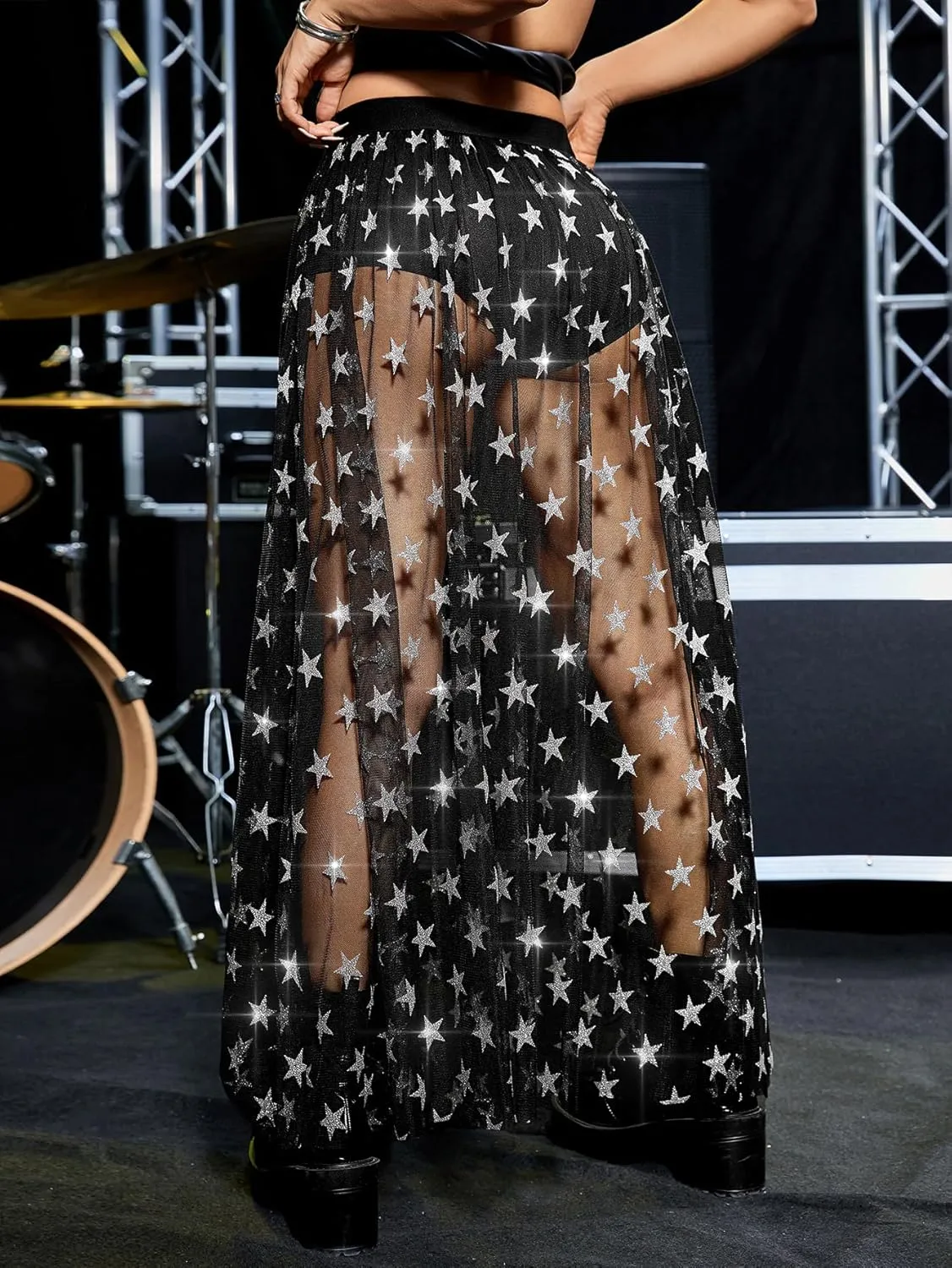 Floerns Women's 2 in 1 Lace Sheer Mesh High Waist Galaxy Print A Line Maxi Skirt