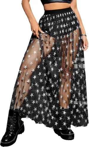 Floerns Women's 2 in 1 Lace Sheer Mesh High Waist Galaxy Print A Line Maxi Skirt