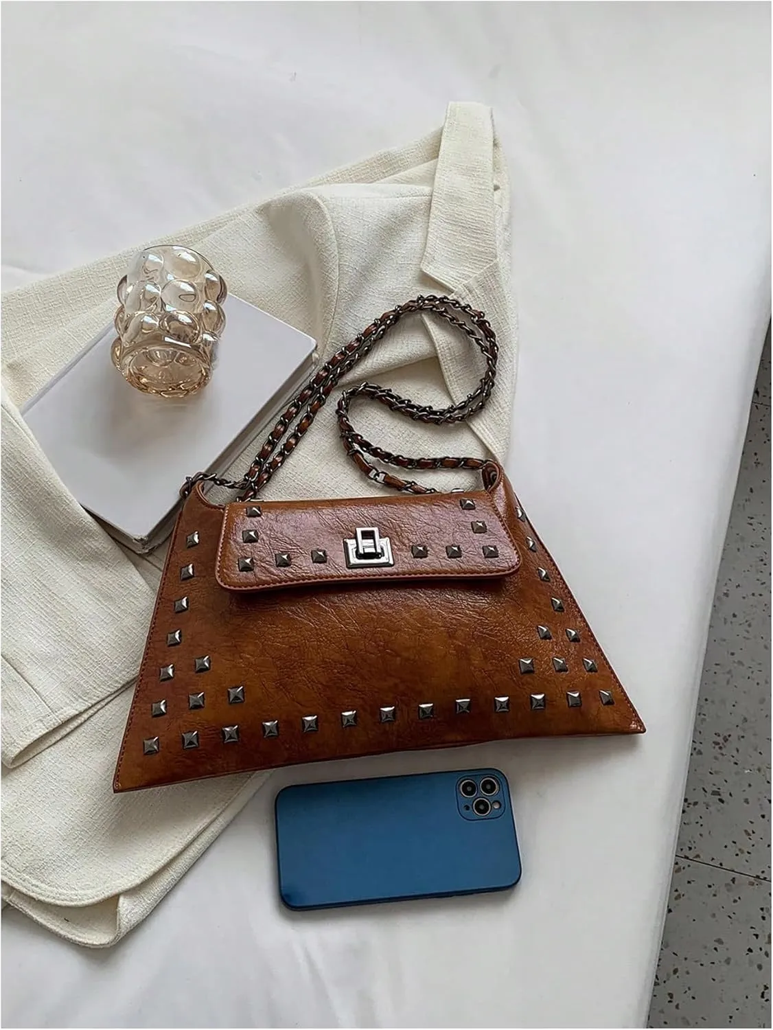 Floerns Women's Rivet Studded Detail Hobo Handle Handbag Twist Lock Flap Shoulder Bag